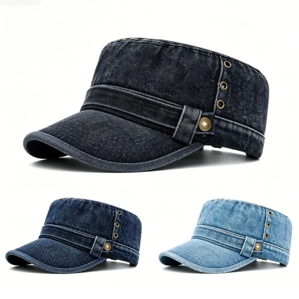 Practical Cotton Material Baseball Cap Denim Fabric Unisex Fit Flat Top Cap Adjustable Size Visor Design Cadet Cap All Seasons