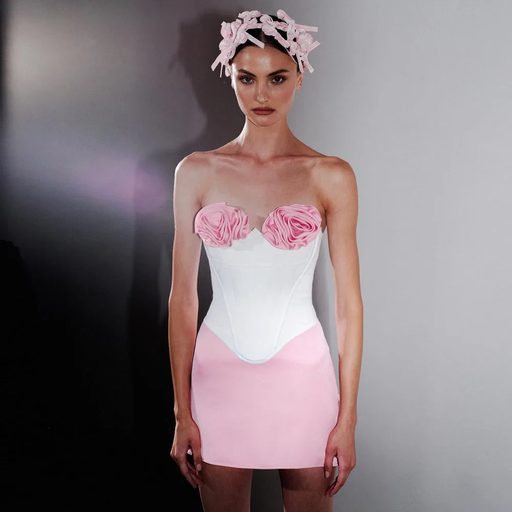 

Couture White And Pink Short Women Dresses With Handmade Flower Sext Corset Bustier Mini Party Dress Bridal Short Dress