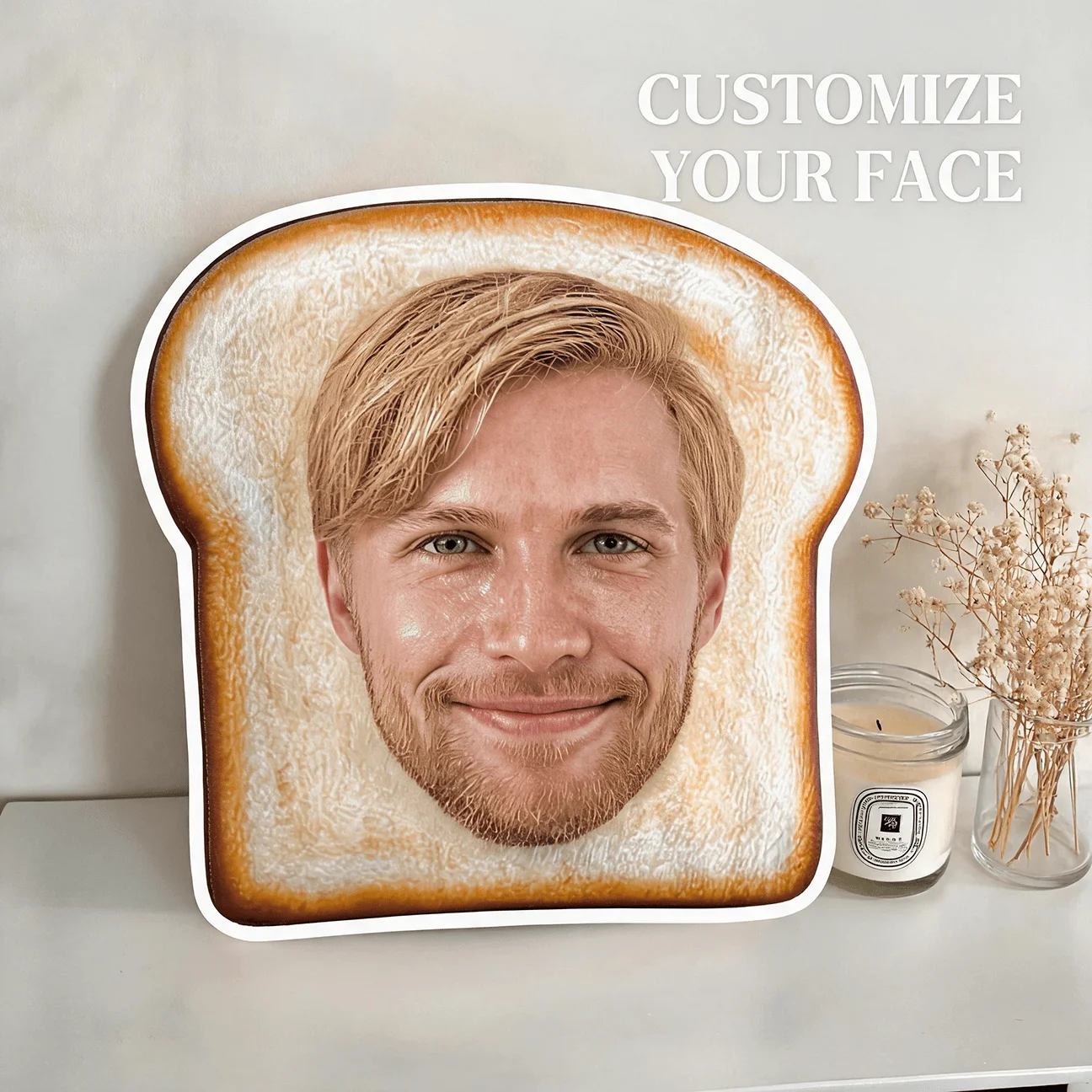 Custom Personalized Photo Face Pillow, Toast Shaped Decorative Cushion with Smiling for Man Portrait, 60cm Large Size Accent Pil