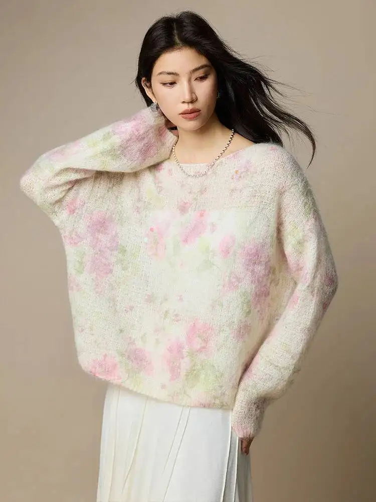 Women Mohair Wool Sweater Autumn Winter Korean 30% Mohair 27%Wool Floral Beading Pullovers,Tops