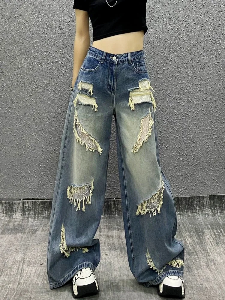 

Women's Blue Grinding Lace Spliced ​Jeans Y2k Vintage High Street 2000s New American Wide-Leg Pants High Waist Straight Jeans