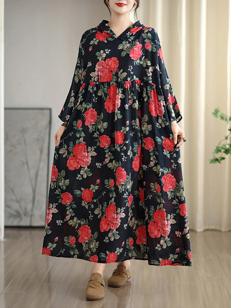 2025 outono novo com capuz manga longa vintage floral impressão vestidos longos para mulheres casual solto elegante vestido femme robe roupas