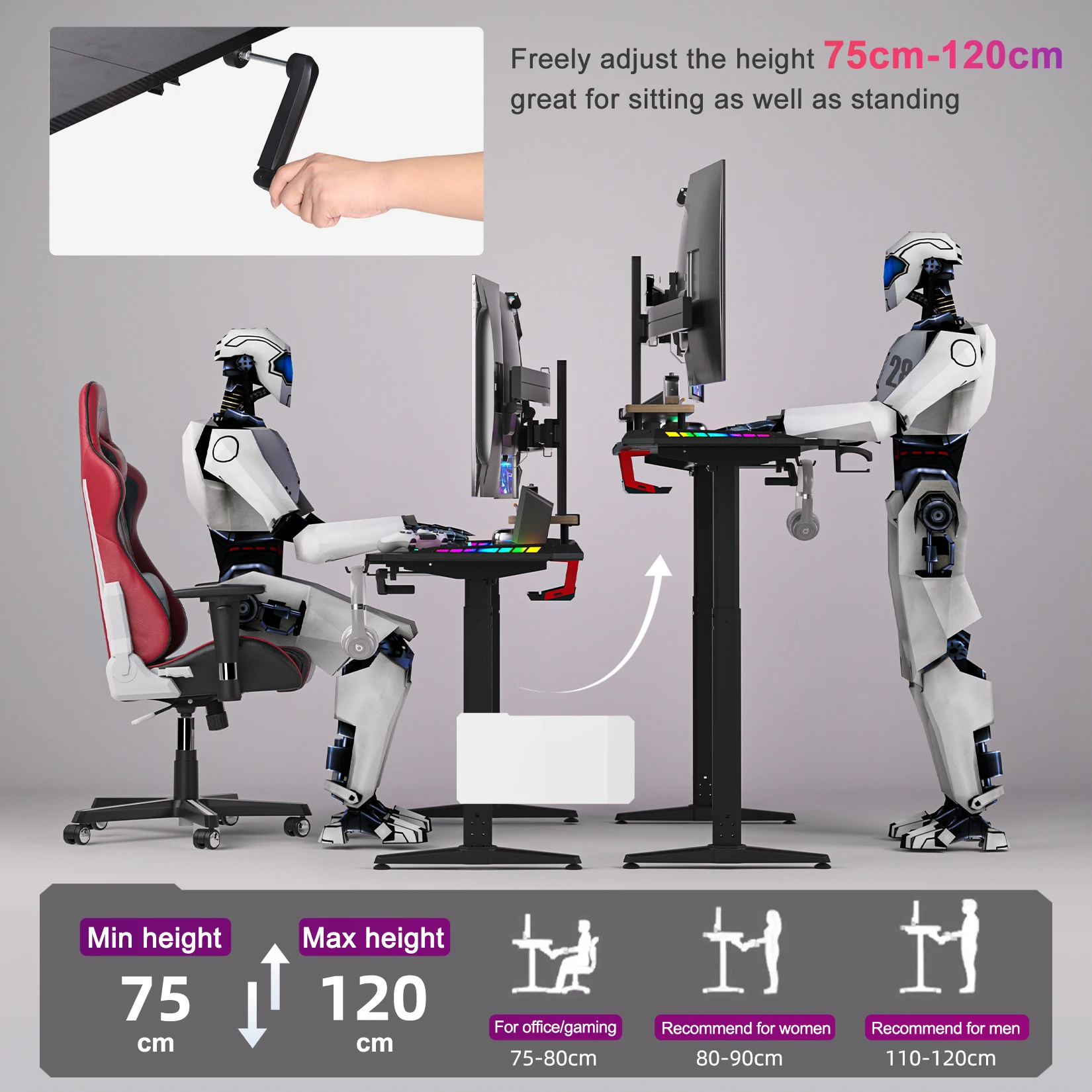 RGB Ergonomic Office Desk, Lift Table, Standing Workstation with Holder, Adjustable Height, Computer Desk, 160cm