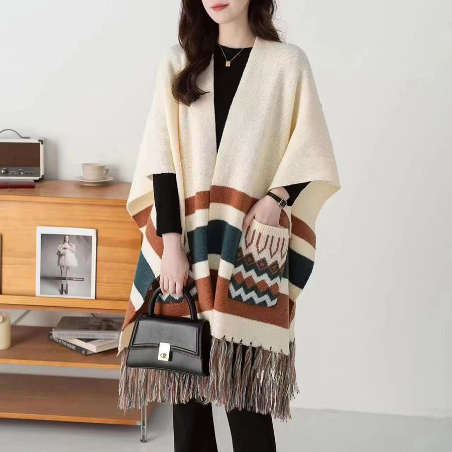 Fashion Vintage Knit Cardigan Cape Long Tassels Pocket Stripes Women Autumn Winter Split Shawl Cloak Outerwear Leisure Travel