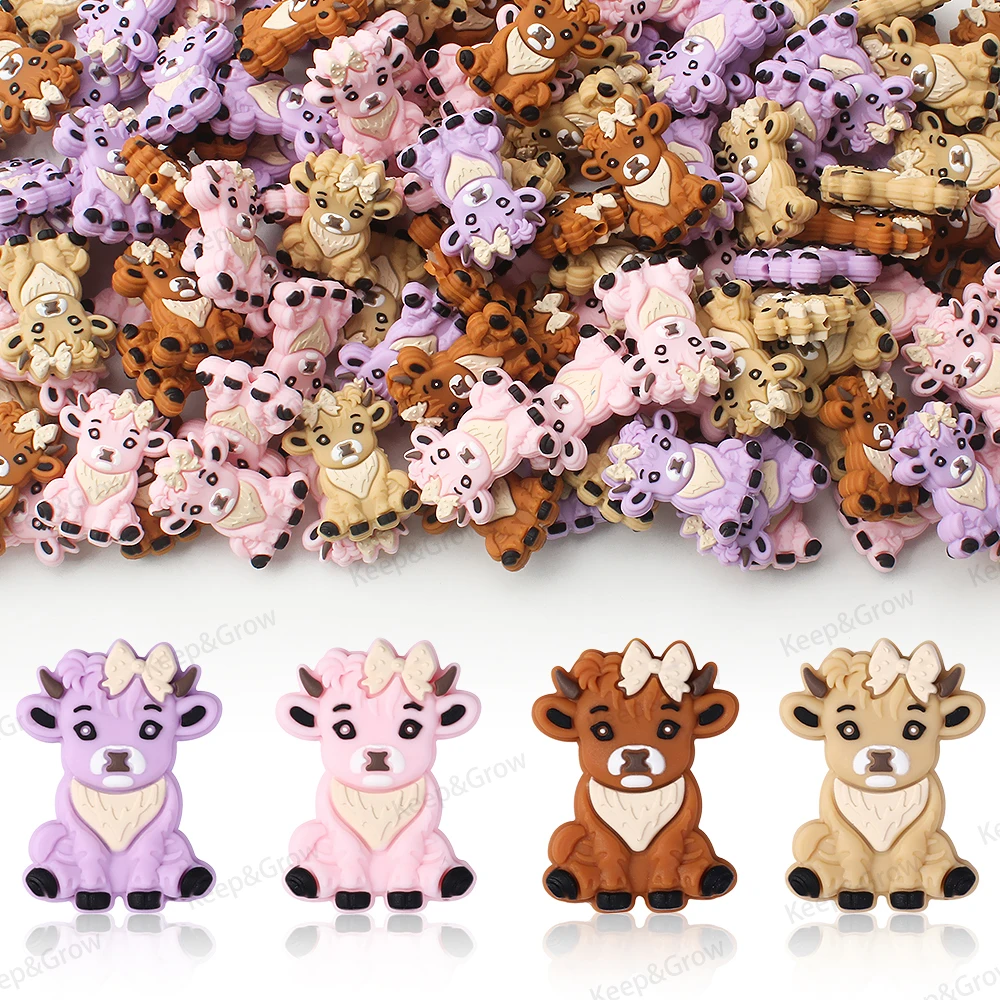 5/20/50Pcs Silicone Beads Bow Tie Highland Cow Focal Beads for Jewelry Making Pen Beaded DIY KeysChain Decorative Accessories