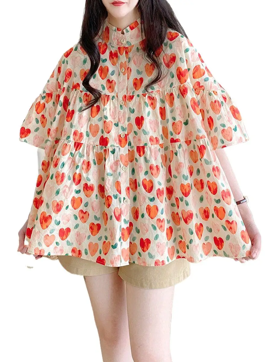 

Японская рубашка из 100% хлопка с принтом Sweet Heart, модная свободная многослойная блузка с воротником-стойкой, топы оверсайз, синий, красный, 2XL