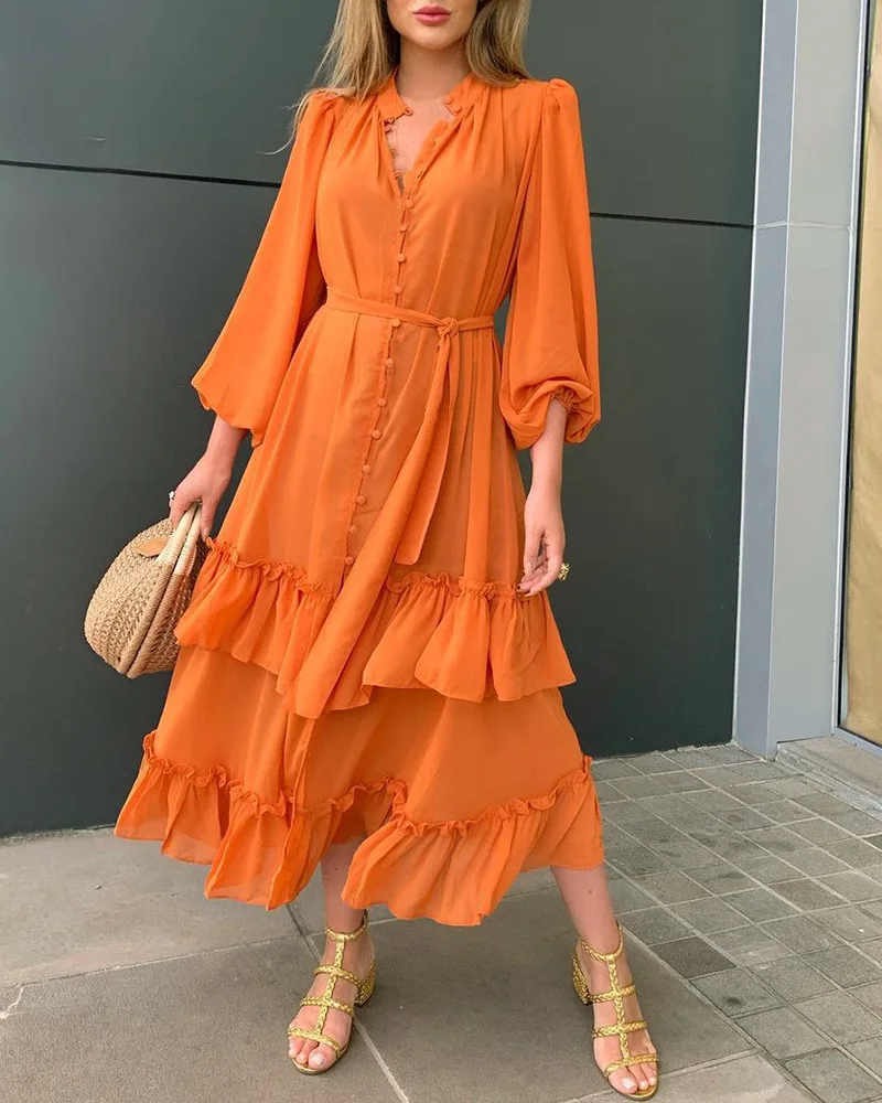 

Summer Fashion Vintage Party Dress Women's V-Neck Drawstring Button Frenulum Regular Waist Midi Dress