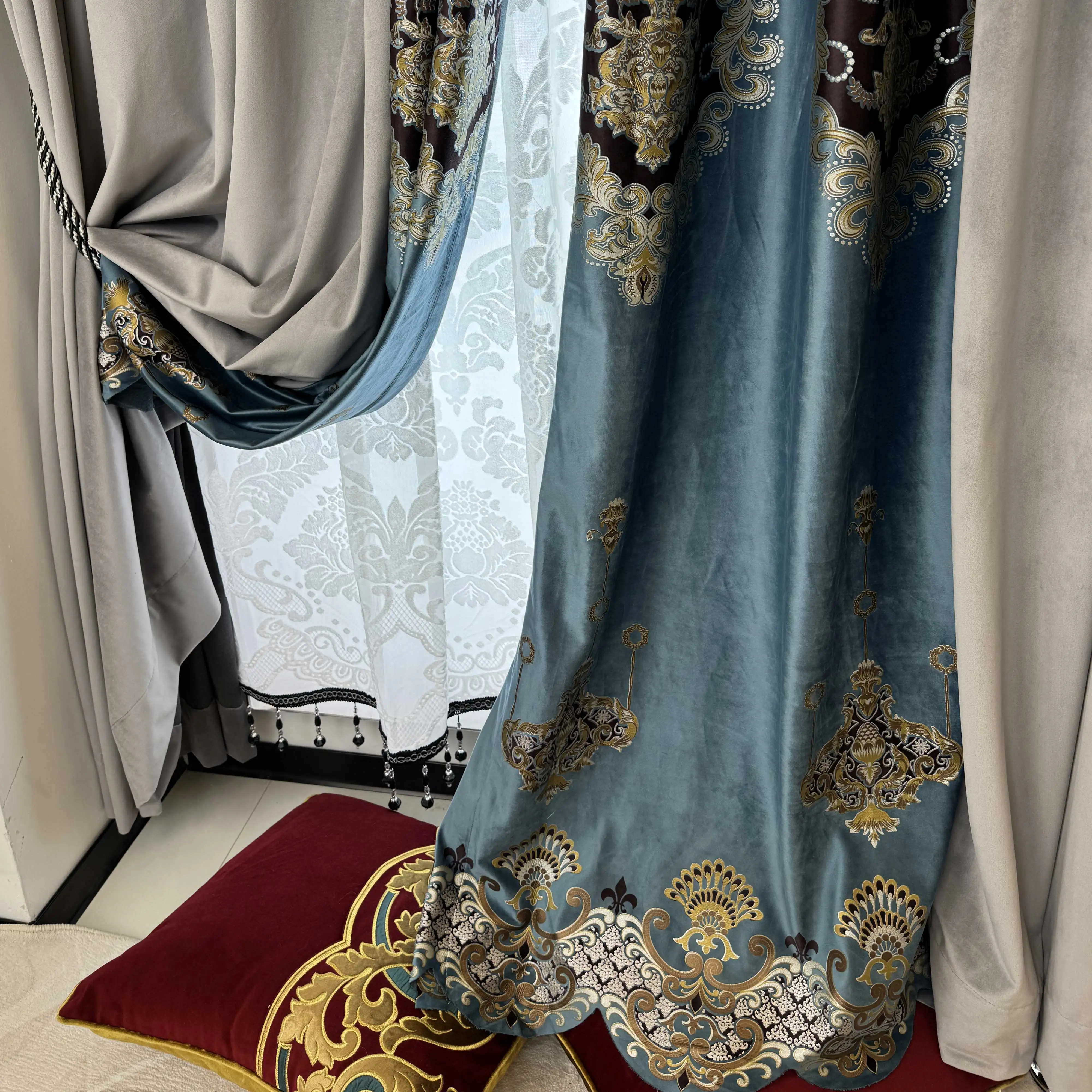 

luxury European thick Velvet retro livingroom grey blue lace embroidered cloth blackout curtain tulle valance drape M1793