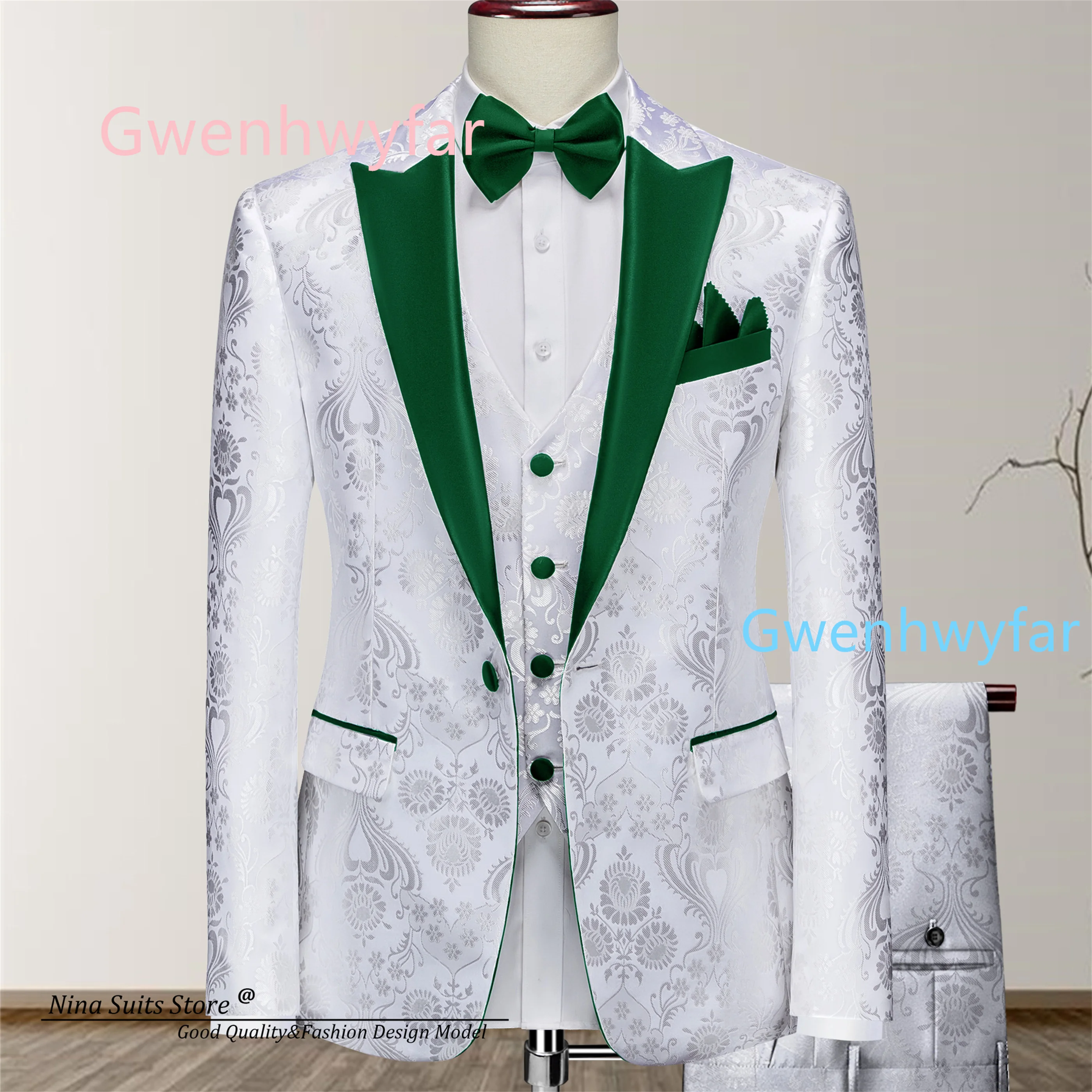 

Элегантный жаккардовый костюм-тройка Gwenhwyfar: мужской свадебный комплект для жениха (зеленый, черный, синий, красный, золотой) — пиджак, жилет, брюки