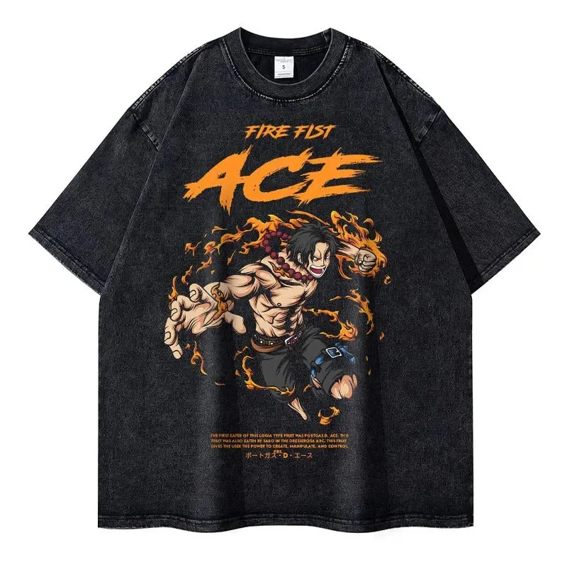 

One Piece Portgas D. Ace Fire Fist Mera Mera No Mi Flame Effect Vintage Washed Anime Print T Shirt Men 2026 Summer