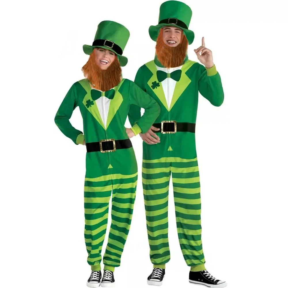 St. Patrick's Day Costume for Adult Halloween Carnival Irish Leprechaun Party Green Set Jumpsuit Men Women Couple Fancy Dress