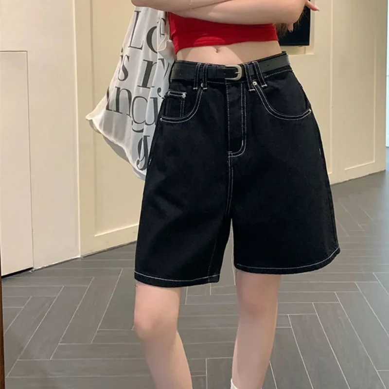 

Chic Black Shorts Jeans Women 2025 Summer Baggy Y2K Fashion Straight Denim Short Pants Woman Vintage All Match Streetwear Shorts