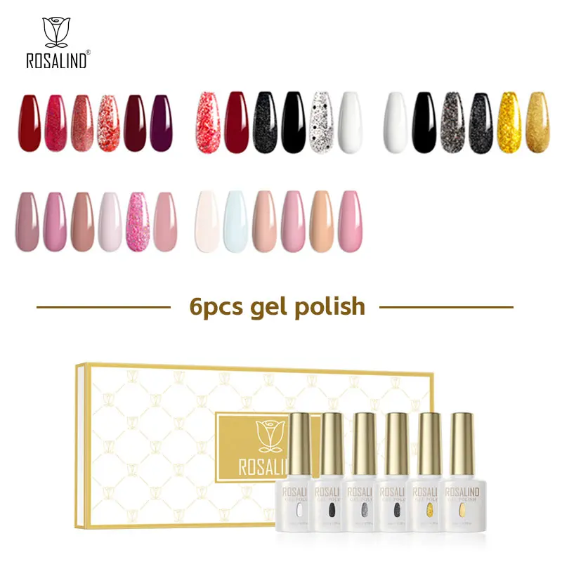 ROSALIND 6PCS Nail Gel Polish Set Classic Colors Hybrid Varnish Semi Permanent UV Nail Gel Polish Need Base Top Coat