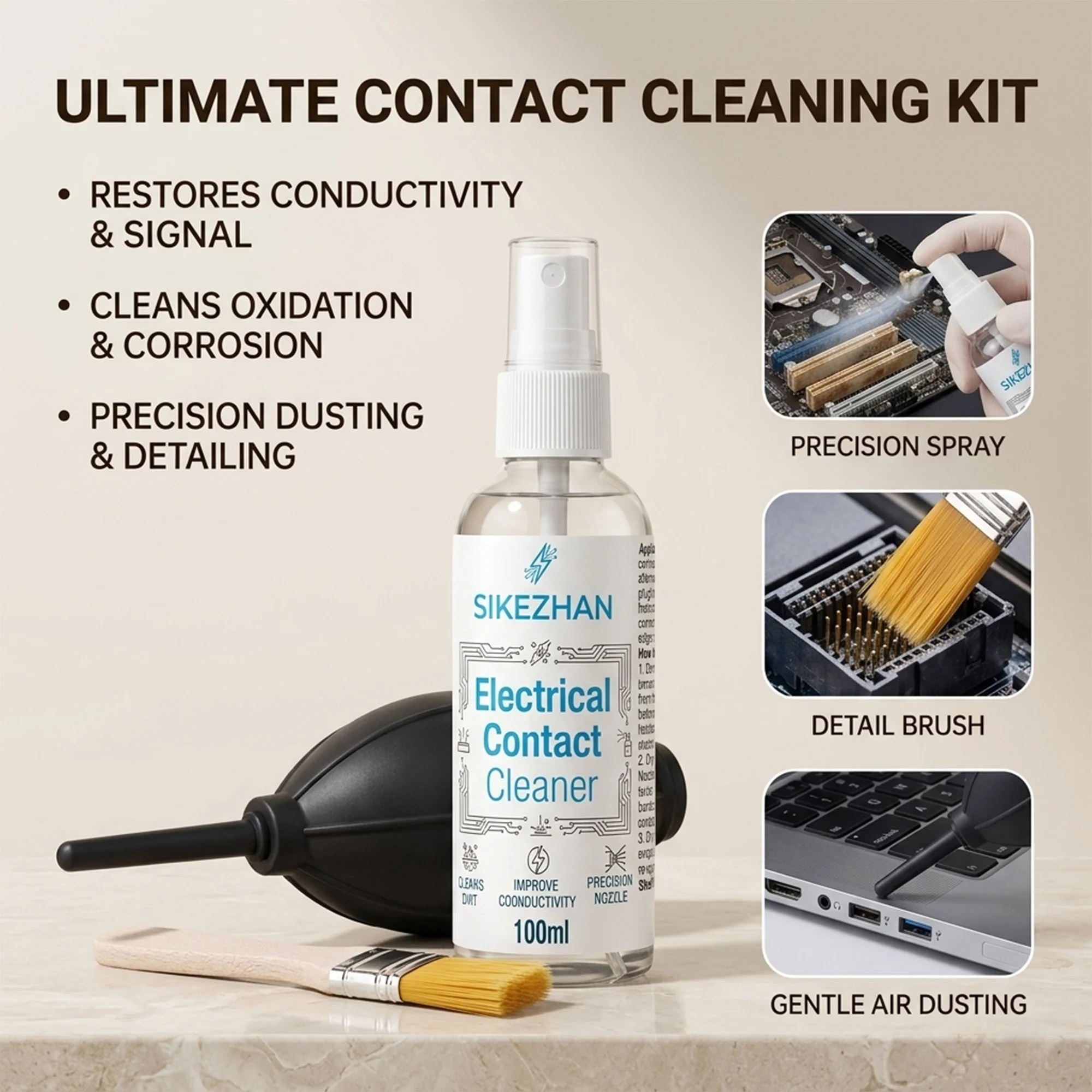 Fast Drying Electrical Contact Cleaner Spray for Electronics PCB Motherboard, Precision Maintenance Kit with Air Blower Brush - view 3