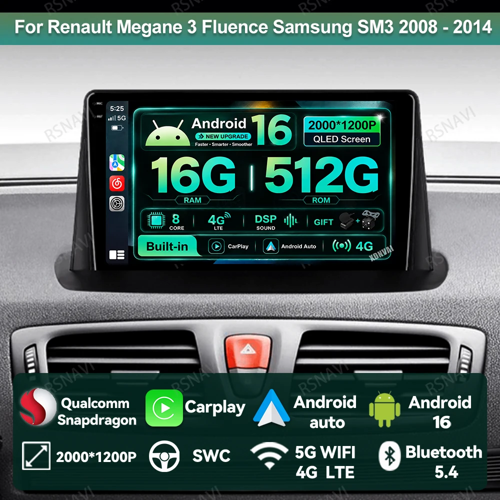 Radio para Auto Android 16 para Renault Megane 3 Fluence Samsung SM3 2008 - 2014 4G LTE 5G WIFI Unidad Principal Reproductor de Video DVD DSP Estéreo