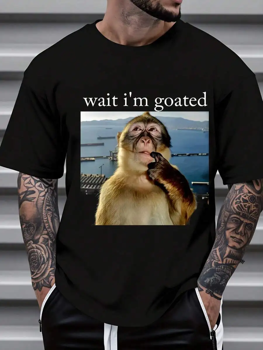 [100% algodón] Camiseta gráfica con meme de mono [100% Cotton] Wait Im Goated, camiseta divertida con chiste de Internet, ropa de calle para hombres y mujeres
