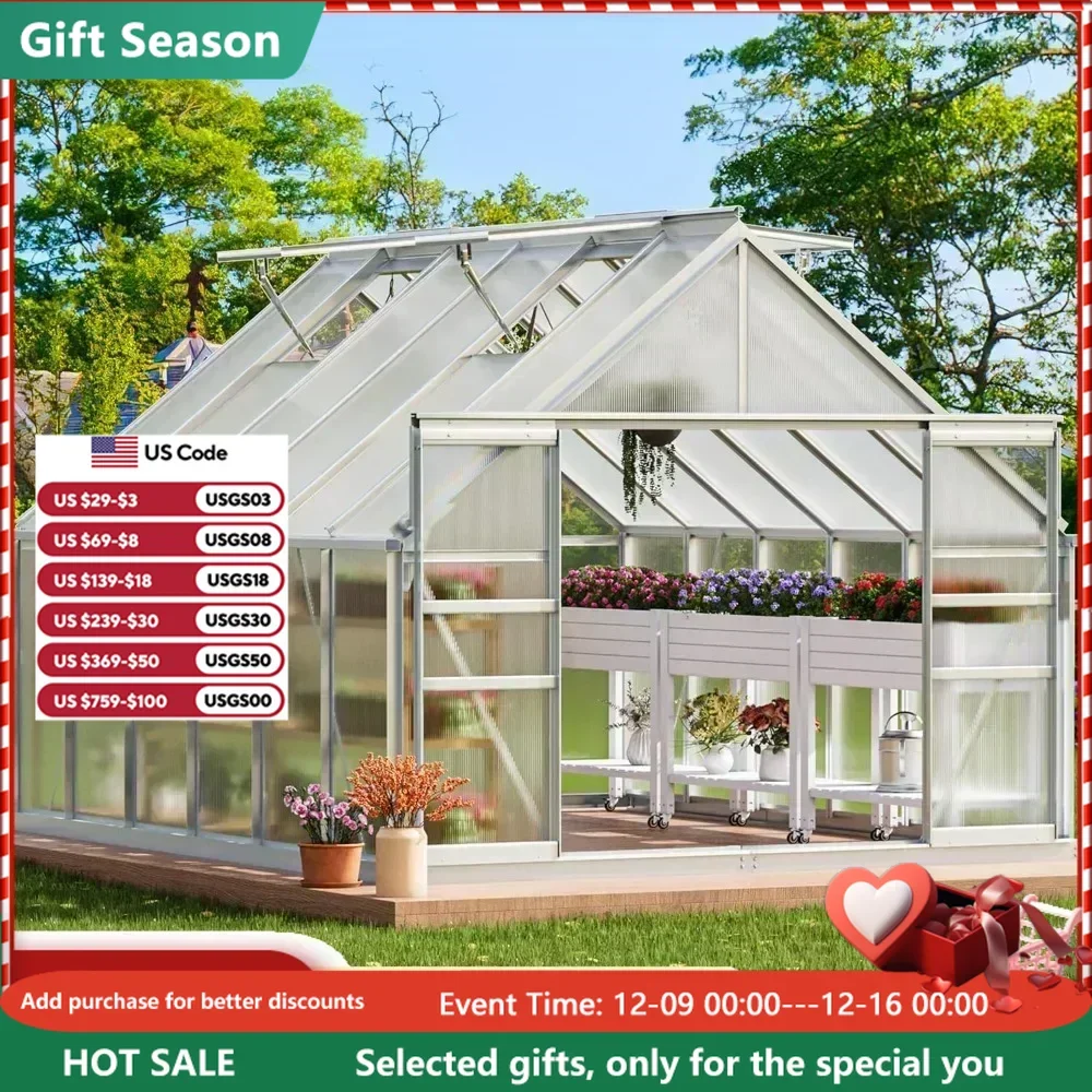 Polycarbonate Greenhouse Large Heavy Duty Green Houses Outdoor Aluminum Greenhouses with Sliding Doors Vent Window