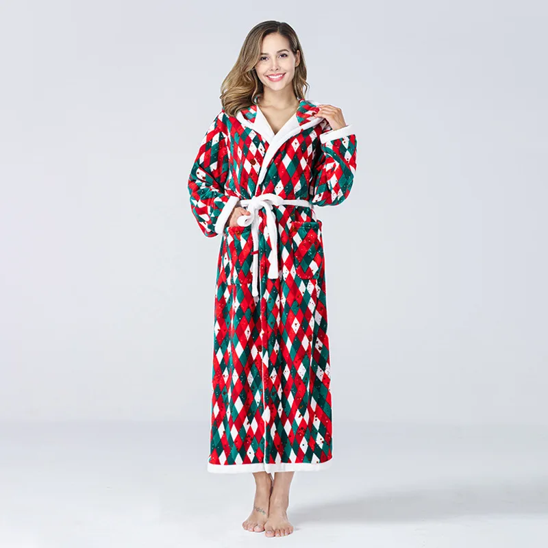 New Arrival Christmas Checkered Bathrobe Wizard Hat Hooded Color Block Lace Up Flannel Nightgown Lingerie Women Pajama Pajamas