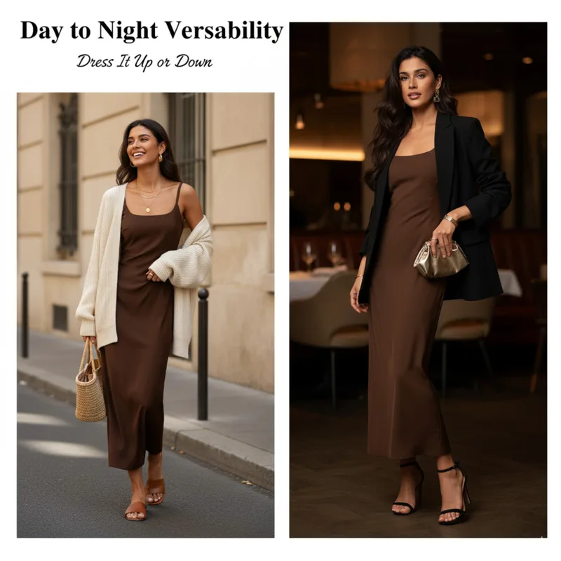 

Elegant Brown Spaghetti Strap Long Dress For Autumn Feminine A-Line Fit With Retro Parisian Style Perfect For Date Night Daywear