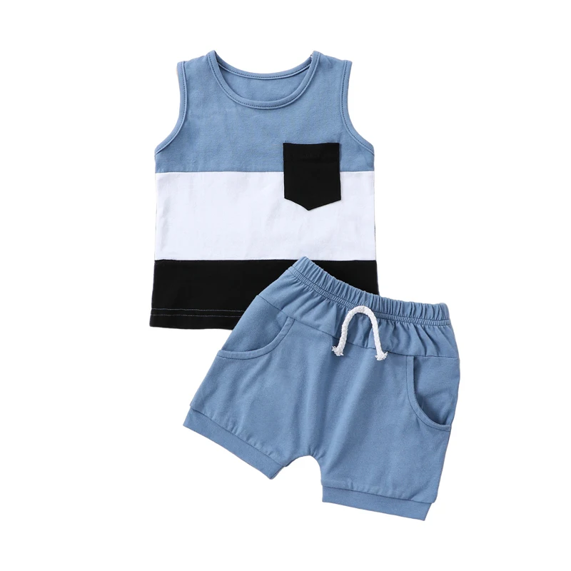 Newborn Baby Boy Clothes Toddler Summer Outfit Sleeveless  Contrast Color Top Drawstring Shorts Set