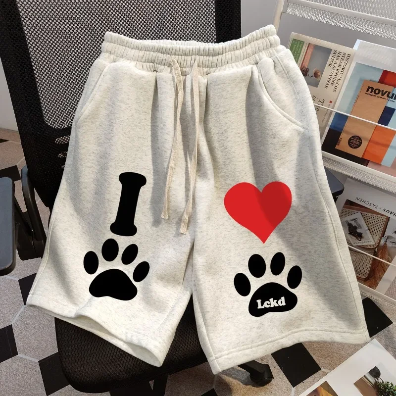 Solid Color Cotton Shorts Men Women Retro Summer New Loose Sweatpants Commuting Versatile Personality Printing Five Minute Pants