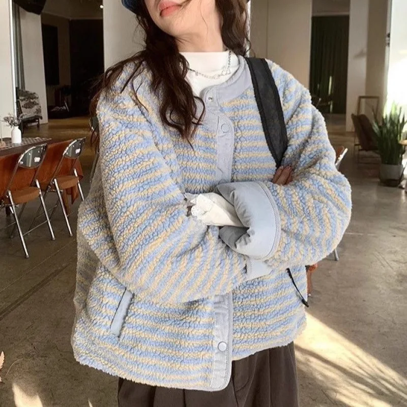 

Женский зимний новый однобортный свободный шарф с карманами, двусторонняя теплая утепленная куртка в полоску, синяя женская одежда