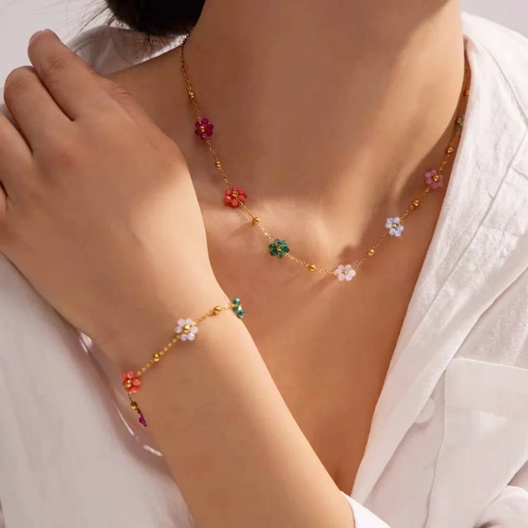 Colorful Flower Chain Stainless Steel Necklace Bracelet Set Plating Waterproof Jewelry For Ins Exquisite Jewelry