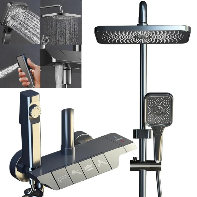 

Full Copper Hot Cold Wall Mounted Bathroom Shower Faucet Rain Rainfall Bathtub Mixer Piano Black Square Shower System Set
