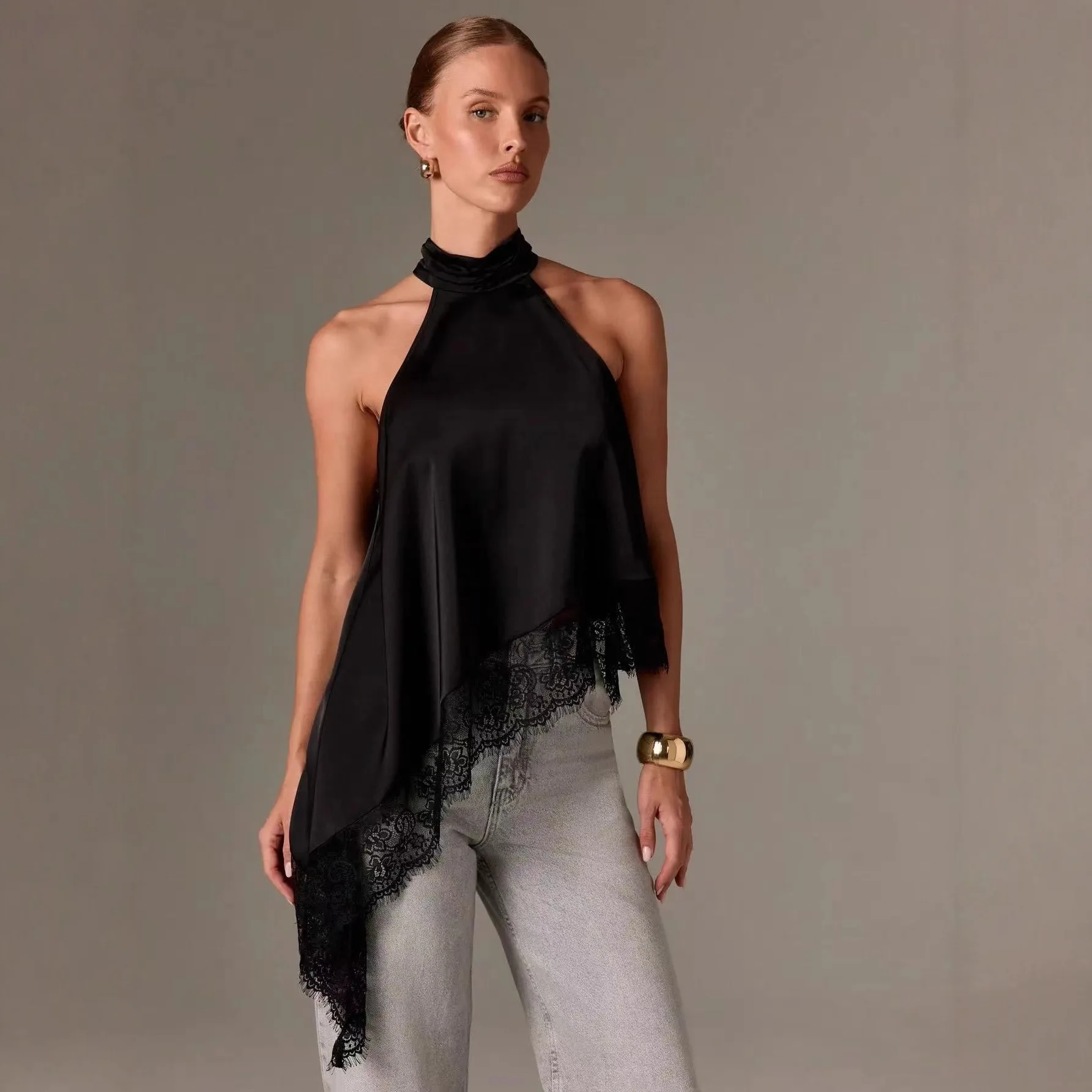 

Black Satin Halter Top With Lace Trim For Women Asymmetrical Hem Sleeveless Blouse Sexy Evening Party Cocktail Summer Tops Vests