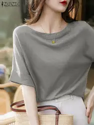 ZANZEA-blusa elegante de oficina para Mujer, camisa informal de media manga con cuello redondo, Túnica de punto gris y verde, Verano