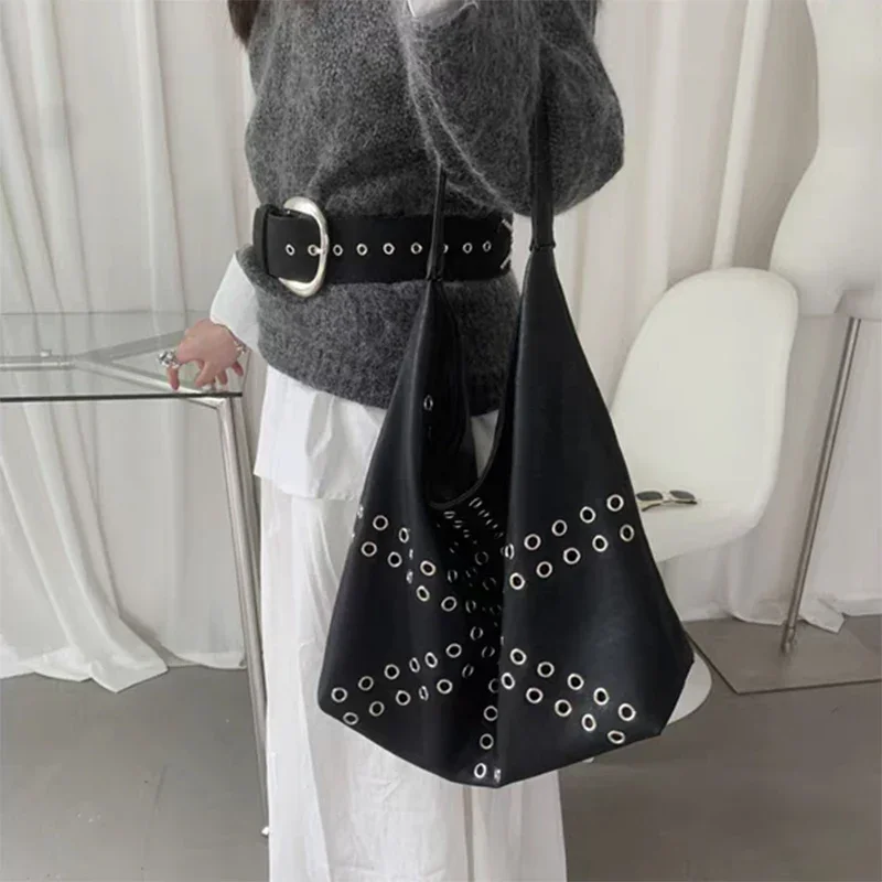 

Y2K Large Capacity Hollow Metal Underarm Bag, Unique Punk Silver Ring Shoulder Purse, Soft PU Vintage Motorcycle Commuter Tote
