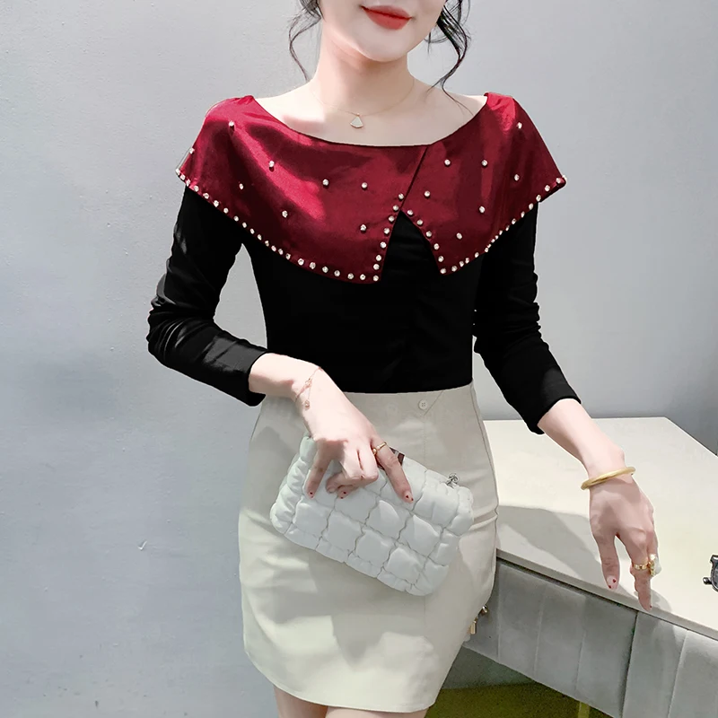 2025,New European Clothes Fall Winter T-Shirt Chic Sexy Off Collar Shiny Beading Patchwork Women's Tops Long Sleeve Tees 49010