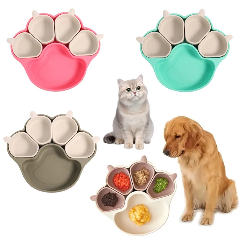 

Pet silicone licking basin cartoon cat paw shaped bowl, cat dog with suction cup tableware set, anti spill compartment food bowl