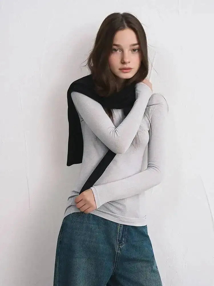 Women Cashmere Blend Long Sleeve Top Autumn Winter Soft Modal Stretch Slim Fit Round Neck Basic Layering Knit T-Shirt view 5