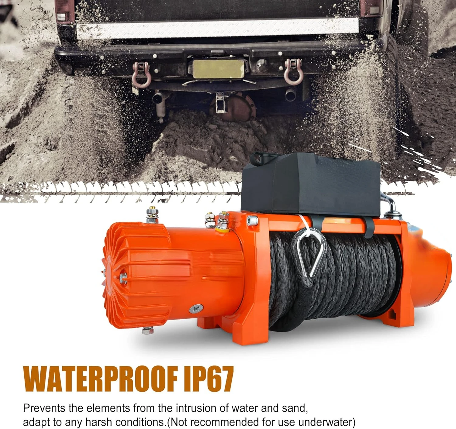 12V 13000-lb Load Capacity Electric Truck Winch Kit Synthetic Rope, Waterproof Off Road Winch