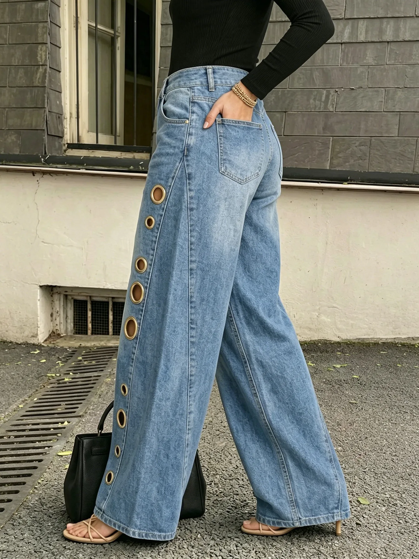 High Waist Wide Leg Jeans Eyelet Side Decor Loose Denim Pants 2026 Spring Summer Casual Streetwear Brunch Vacation Women Trouser