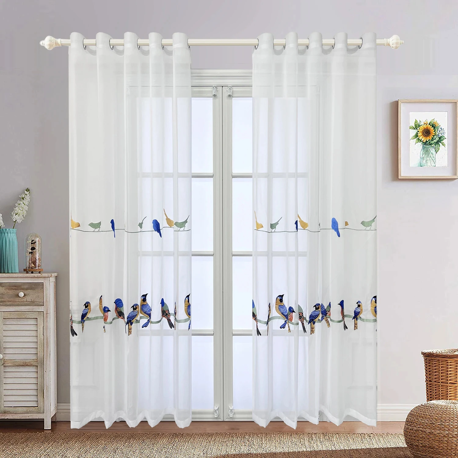 

Country style bird embroidery chiffon curtains - suitable for living room / bedroom. White transparent window chiffon.