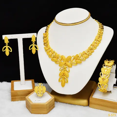 Italian Bridal Gold Plated Jewelry Set For Women African Indian 24K Gold Color Leaf Pendant Necklace Earring Set Dubai