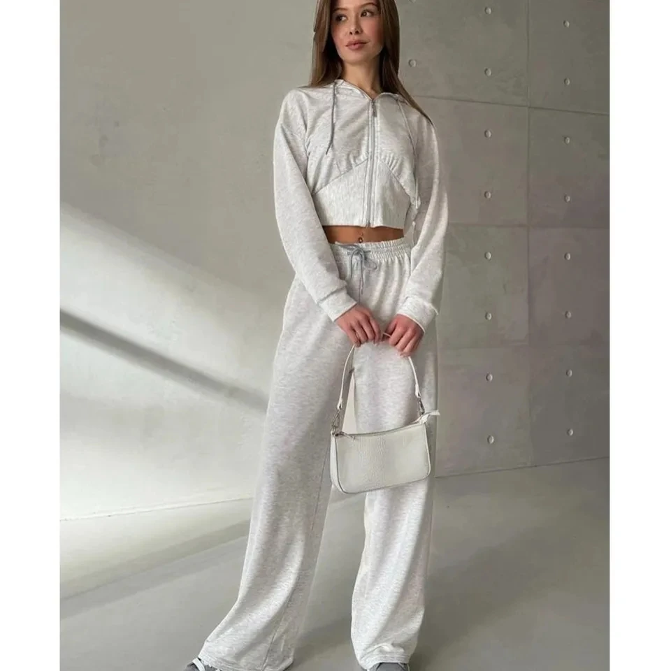 

Women Long-sleeved Zipper Hooded Sweatshirt Lace-up Pants 2-piece Autumn Fashion Ultra Short Casual Sports Long Pants Set Female