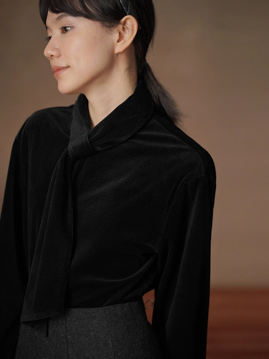 

Женская свободная блузка из бархата с бантом, классическим клетчатым узором и драпировкой от Hacikis Vintage Aosphere