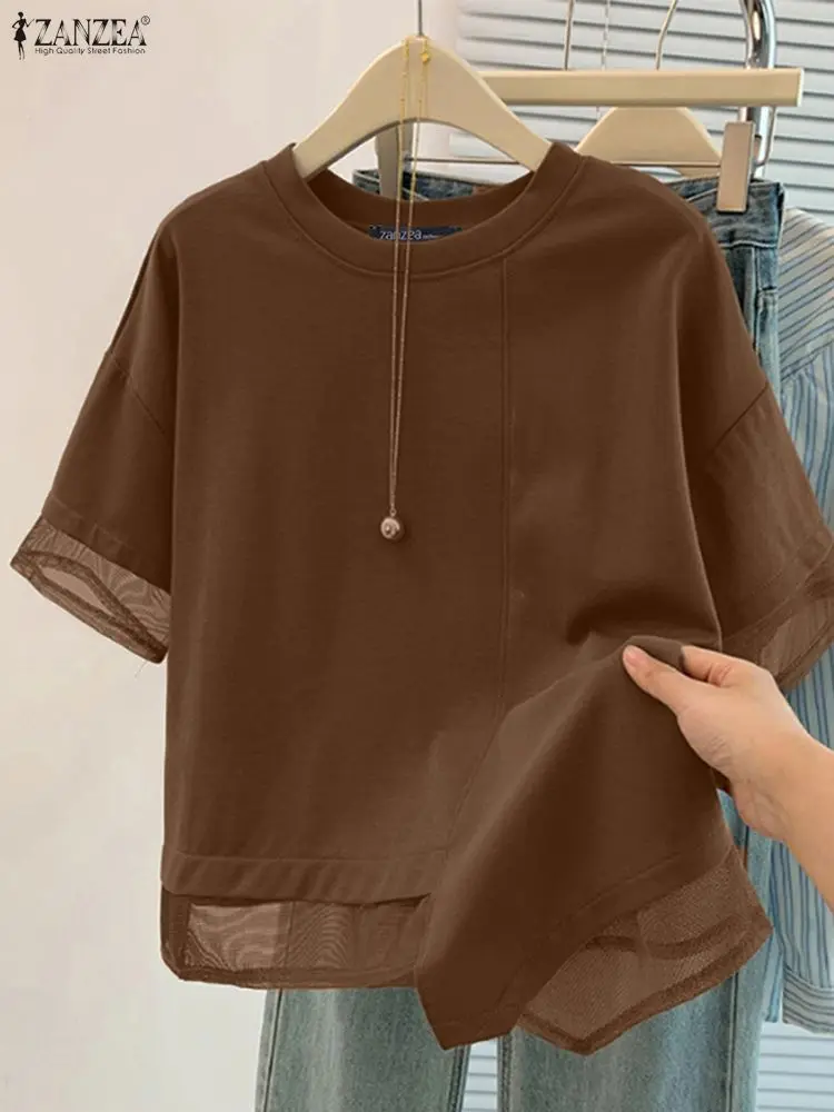 ZANZEA Frauen Bluse Trend 2025, Sommer Mesh Patchwork Hemd Casual O Hals Kurzarm Arbeit Tops Mode Urlaub Blusas Mujer