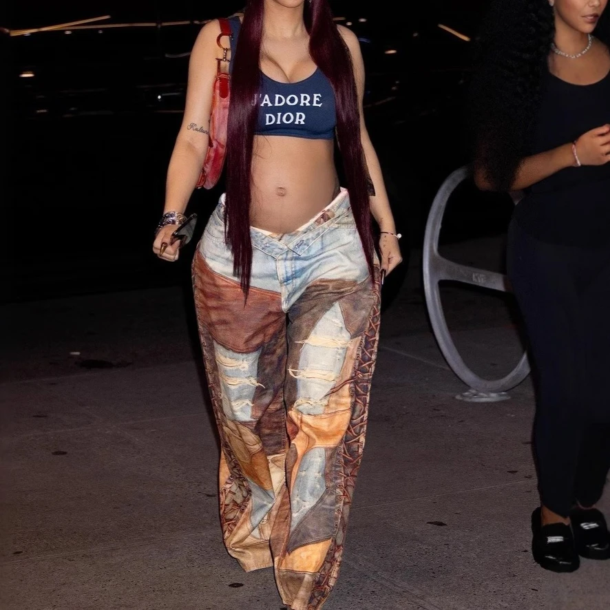 Denim Pant Women Jeans Chain Print Wide Leg Long Pants High Waist Straight Trousers Y2k Streetwear Elegant Splice Casual 2025