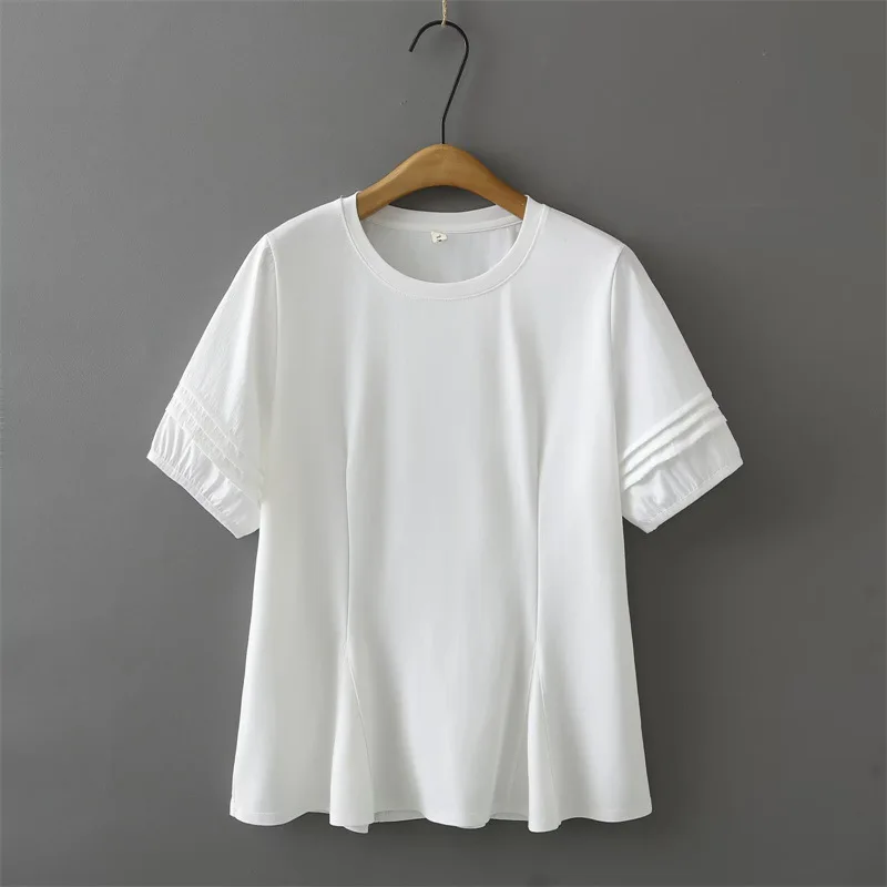 

New Summer Women's Casual T-shirt Crew Neck Ruched Design Ruffle Tops Plus Size Loose Tee 8035