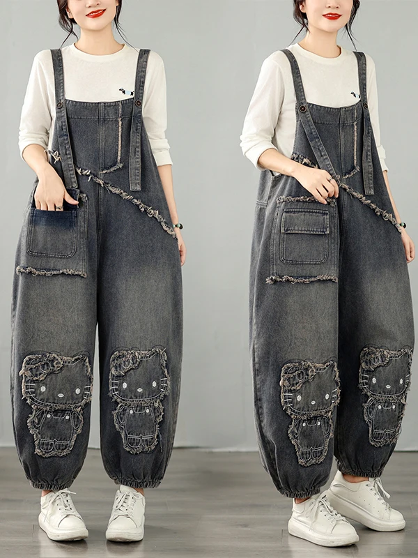 Fashionable Embroidered Casual Denim Overalls for plus Size Women All Seasons High Waist Straight Leg Pants with Pockets