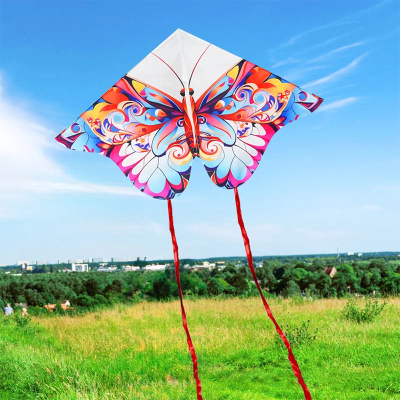 Cometa triangular de mariposa de dibujos animados para niños, cometa de Animal de cola larga colorida con línea de cometa, juego de deportes al aire libre, Juguetes