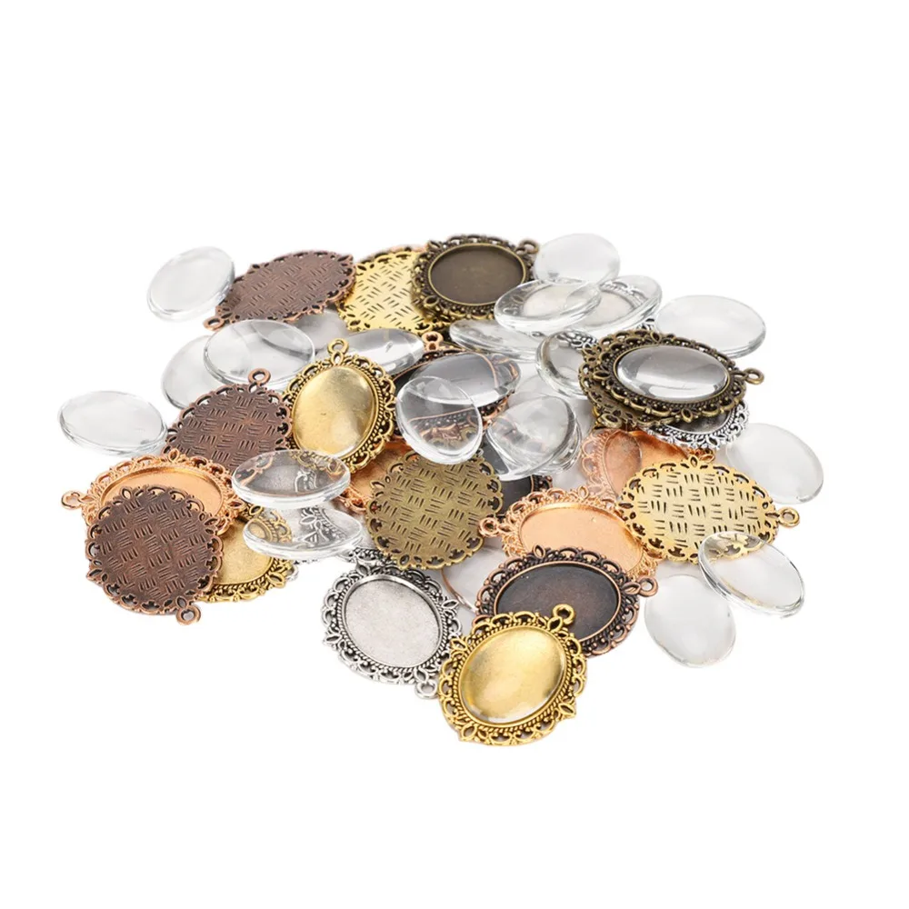

60Pcs Easy To Use Metal + Glass Pendant Trays 3.5 X 3cm Multiple Colors Cabochon Settings DIY Jewelry Trays Jewelry Making