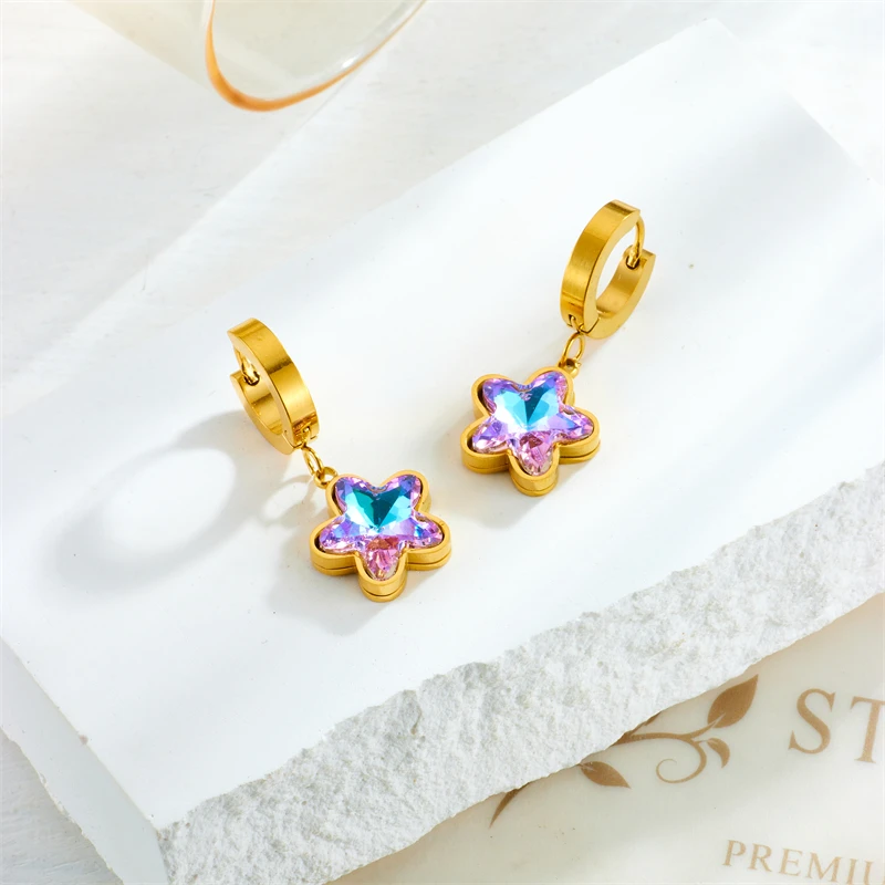 DIEYURO 316L Stainless Steel Butterfly Pentagram Colorful Purple Crystal Earrings For Women Girl Luxury Jewelry Holiday Gift