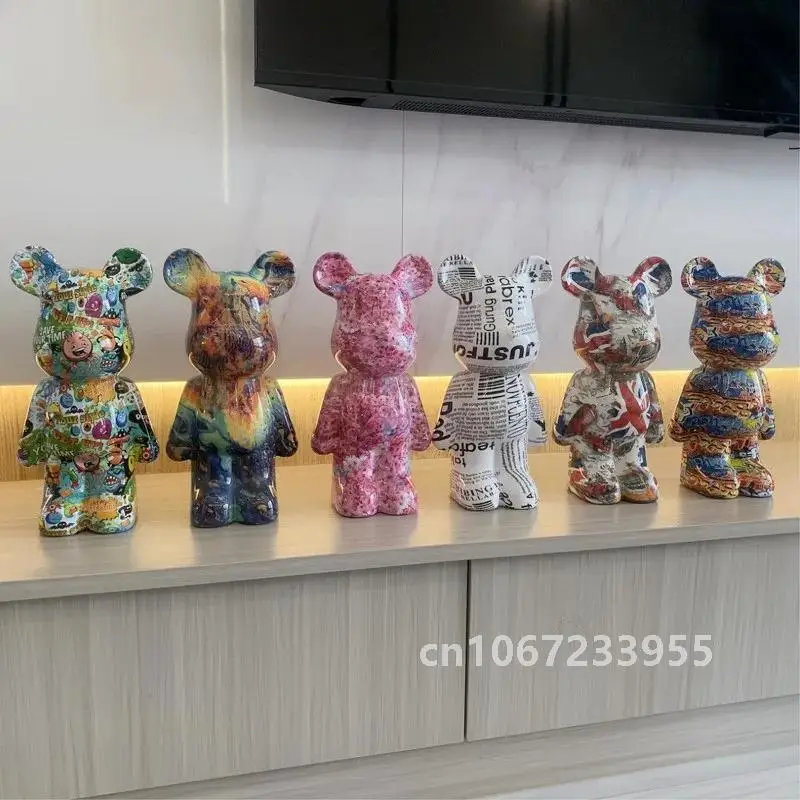 28cm Colorful Graffiti Bearbrickly Statue ABS Figurines Bears Brick Sculptures Modern Living Room Desktop Ornaments Home Decor