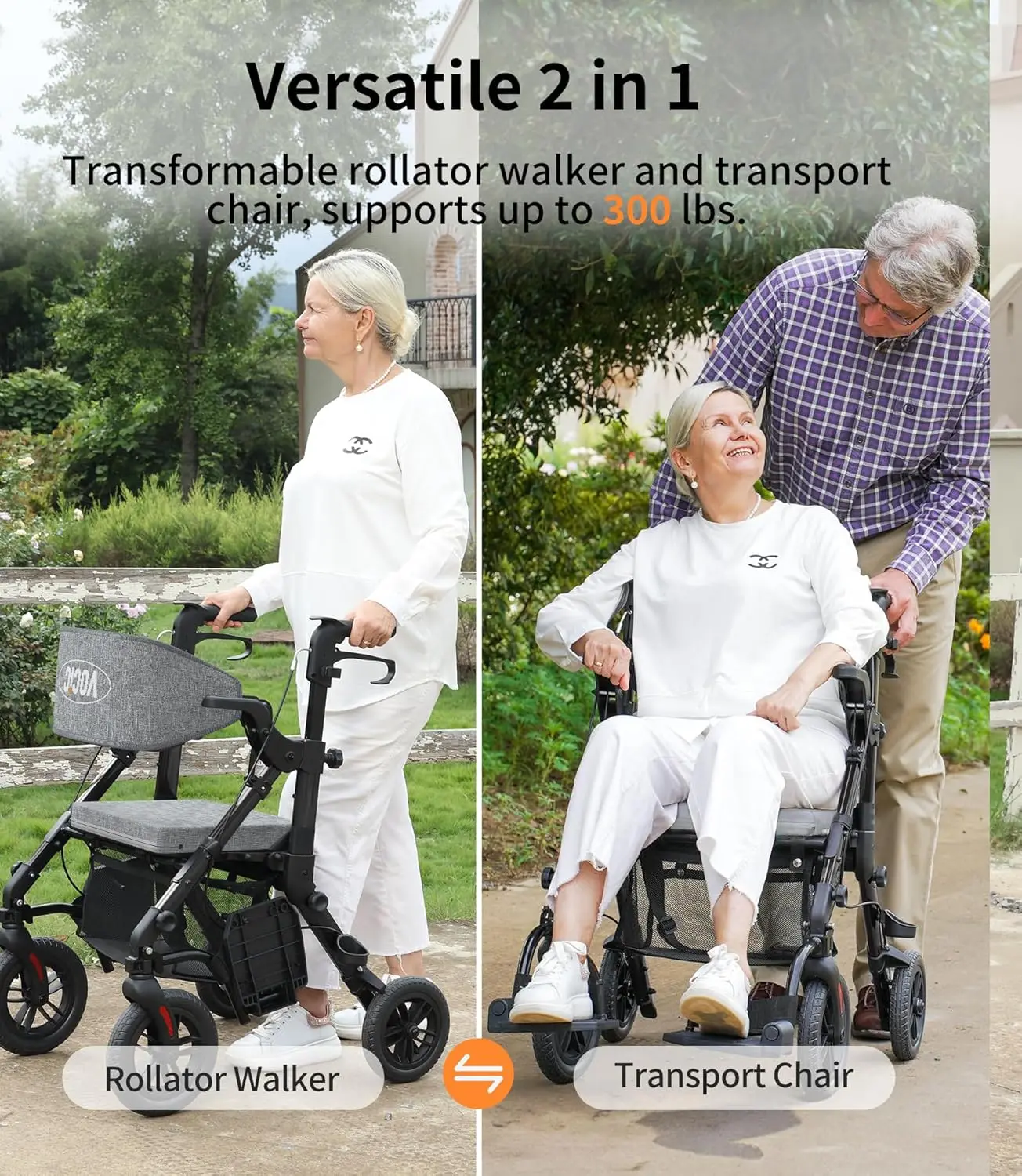 Walkers for Seniors with Seat, Walker Wheelchair Combo, Transport Wheelchair Lightweight Foldable, Adult Walkers All Terrain, 2