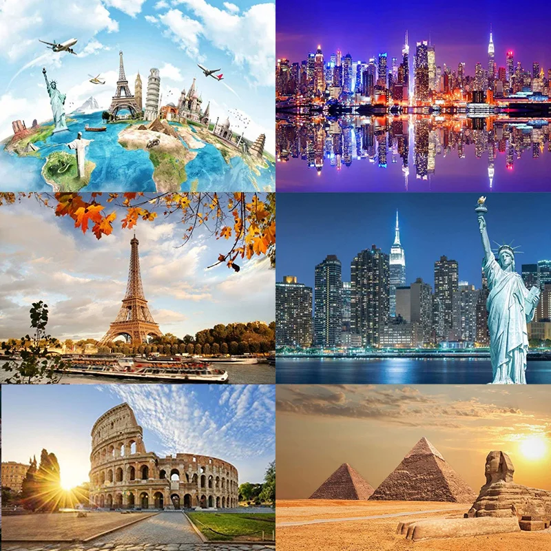 World Map Global Travel Worldwide Famous Landmark Buildings Happy Birthday Party Photography Backdrop Background Banner Decor